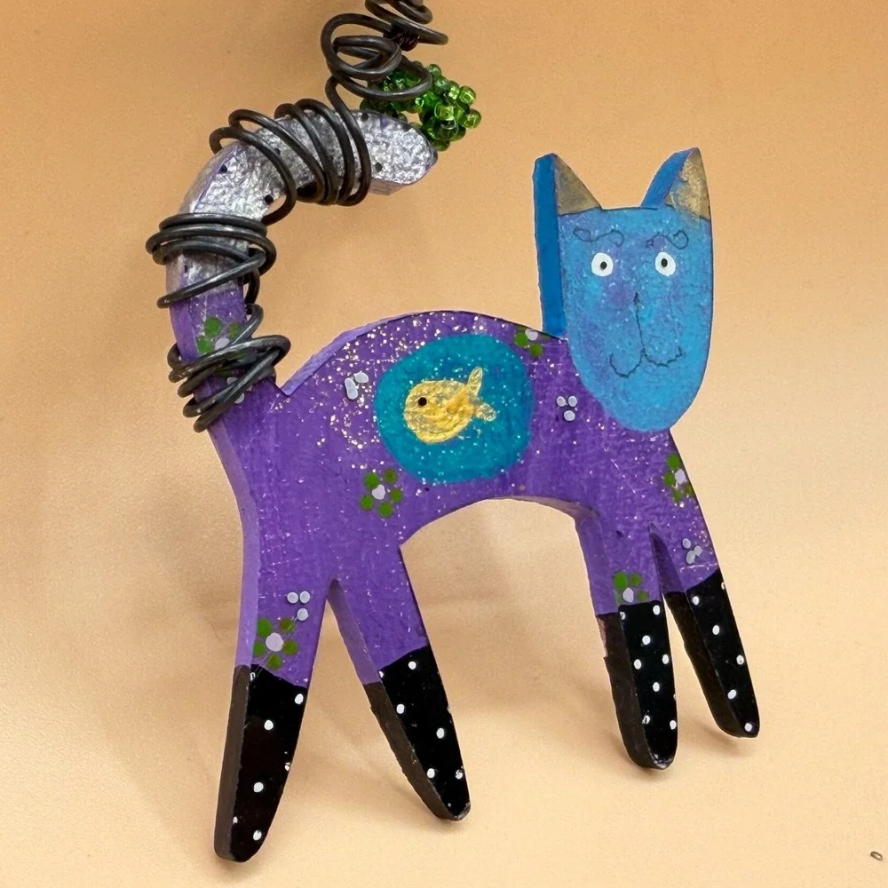 Whimsical Purple Blue Cat Brooch Pin Painted Wood Fish Wire Tail Folk Art Gift